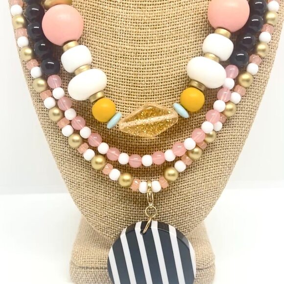 PLUNDER MULTI STRAND LAYER POP ART NECKLACE BEADS STRIPE PENDANT ORANGE PINK - Picture 5 of 16
